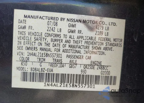 2008 Nissan Altima 2.5 S z USA, uszkodzony, nr VIN 1N4AL21E58N557301